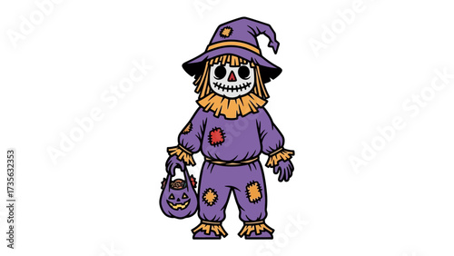 Halloween Scarecrow Illustration: A whimsical illustration features a friendly scarecrow dressed in classic Halloween attire, holding a candy bucket. Perfect for Halloween, fall season, spooky events.