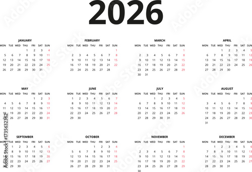 2026 Calendar template. Calendar 2026 - 12 months yearly calendar in year 2026 - planner calendar. Vector illustration for print, web, mobile app on transparent background