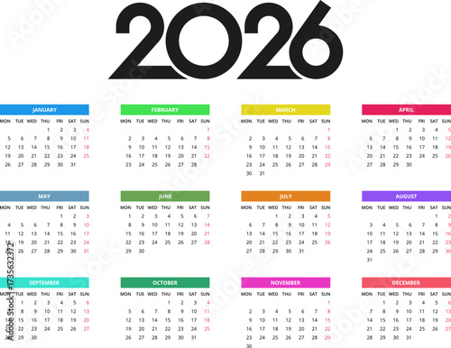 2026 Calendar template. Calendar 2026 - 12 months yearly calendar in year 2026 - planner calendar. Vector illustration for print, web, mobile app on transparent background