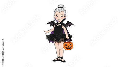 Halloween Ballet Dancer: A captivating ballet dancer embraces the spirit of Halloween with playful costume of bat wings, a purple cape, and a mischievous pumpkin-shaped treat bag.
