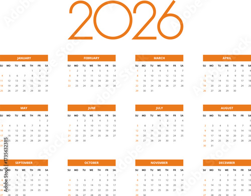 2026 Calendar template. Calendar 2026 - 12 months yearly calendar in year 2026 - planner calendar. Vector illustration for print, web, mobile app on transparent background