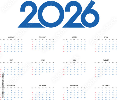 2026 Calendar template. Calendar 2026 - 12 months yearly calendar in year 2026 - planner calendar. Vector illustration for print, web, mobile app on transparent background