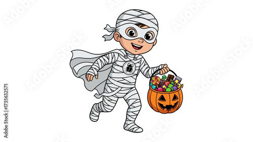 Trick-or-Treat Mummy: A cheerful child in a mummy costume joyfully collects treats on Halloween night, a perfect blend of spooky and sweet. 