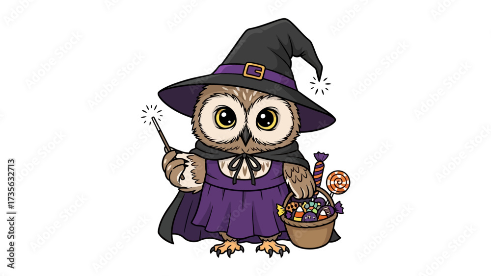Naklejka premium Mystical Owl: A charming owl in a witch costume holding a magic wand and a basket filled with candies, set against the backdrop of Halloween. A whimsical celebration of spooky season.