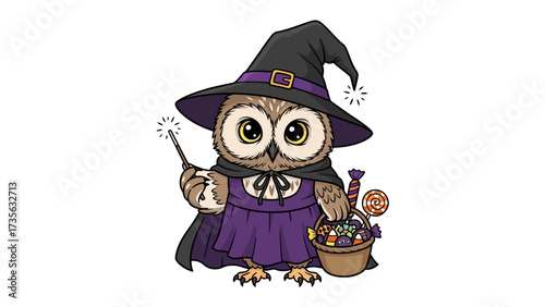 Mystical Owl: A charming owl in a witch costume holding a magic wand and a basket filled with candies, set against the backdrop of Halloween. A whimsical celebration of spooky season.