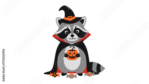 Spooky Raccoon on Halloween: A mischievous raccoon dressed in a Halloween costume, adorned with a witch hat, cape, and holding a carved pumpkin. Surrounded by candies ready for tricks or treats. 