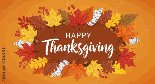 Warm thanksgiving greeting card with colorful leaves and seasonal decorations in autumn tones