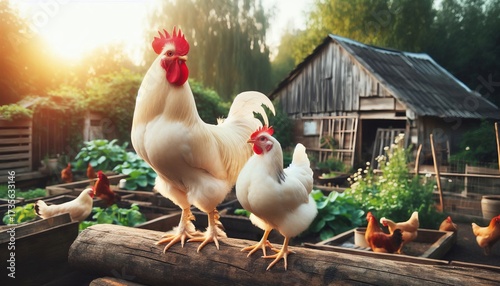 White Leghorn chicken family, rooster and hen standing on a wooden perch on the background of livestock.