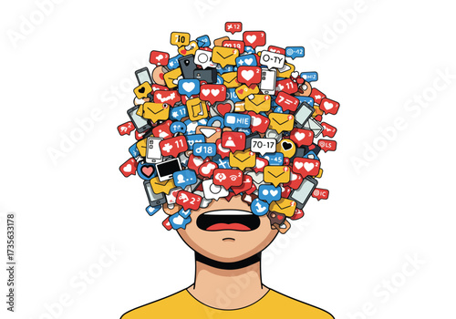 Person overwhelmed by social media notifications covering the head, symbolizing information overload and stress.