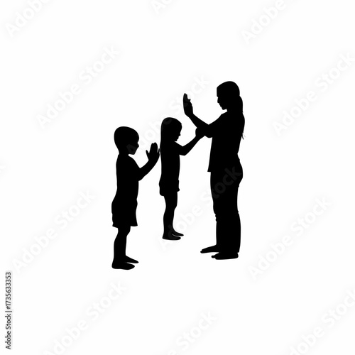 Silhouette of children clapping hands learning rhymes with trainer isolated on white background