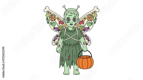 Zombie Fairy on Halloween: A unique depiction of a zombie fairy stands in its eerie glory, holding a traditional pumpkin bucket in anticipation of the spooky season.