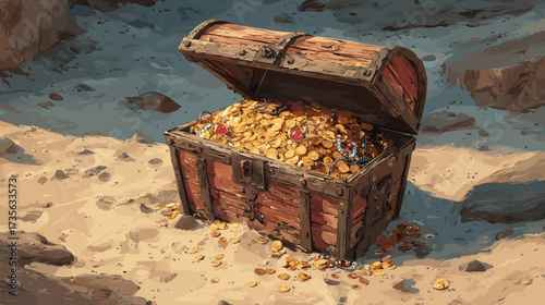Vector illustration of buried treasure chest in the sand full of gold and jewelry