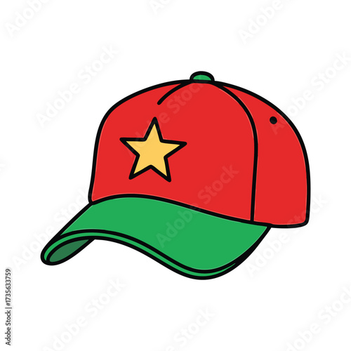 Red baseball cap with a green brim and a yellow star emblem on the front red cap