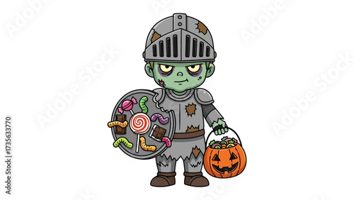 Halloween Knight's Spoils: A cheerful cartoon depicts a knightly figure transformed into a zombie, ready for Halloween, fully armored with sweets.