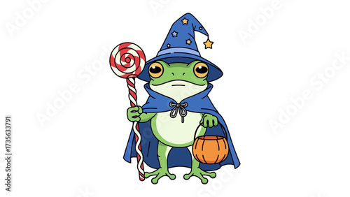 Enchanted Frog Wizard: A whimsically illustrated frog dons a wizard's attire, complete with a pointed hat adorned with stars and a flowing blue cape. In one hand, it holds a lollipop.
