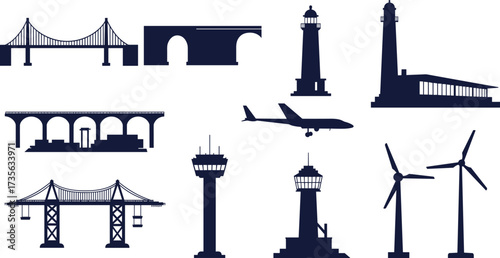 Infrastructure silhouette illustration, bridge design, tunnel entrance, lighthouse icon, dam structure, cityscape view, airplane graphic, crane image, wind turbine, engineering concept