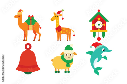 Six flat design Christmas animals and objects on white background icon collection