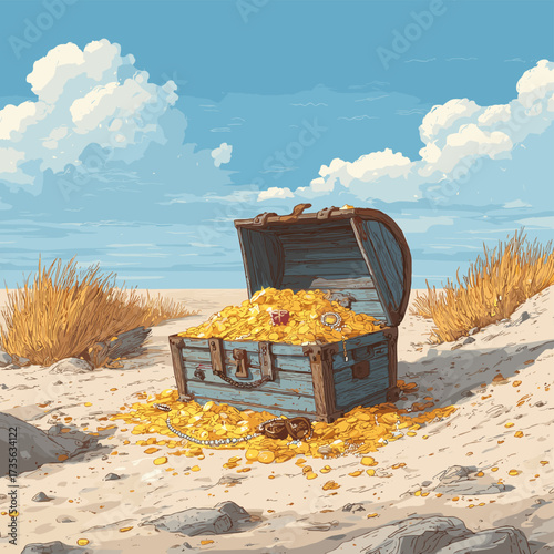 Vector illustration of buried treasure chest in the sand full of gold and jewelry