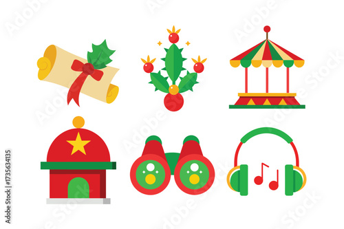 Six flat design Christmas themed icons on white background collection scroll