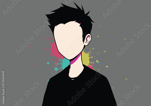 Cartoon illustration of a faceless person with black hair and a black shirt, surrounded by colorful paint splatters.