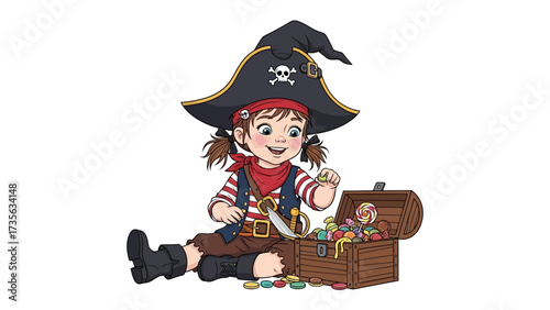 Pirate Child's Treasure: A charming young adventurer in a pirate costume, adorned with a classic hat and eye patch, joyfully sifts through a wooden treasure chest overflowing with gold and jewels.
