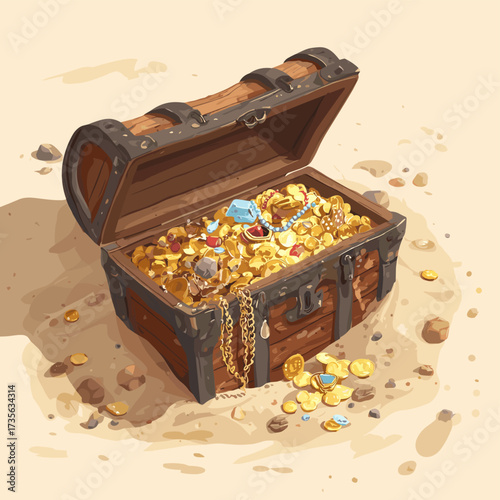 Vector illustration of buried treasure chest in the sand full of gold and jewelry