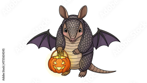 Armadillo Halloween: A charming armadillo donned in bat wings and a halloween costume, holding a carved pumpkin lantern.