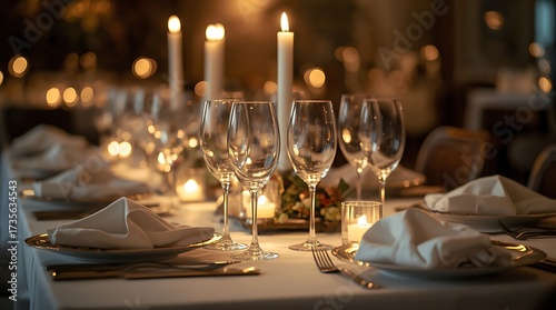 Elegant candlelit dinner table setting for a festive holiday celebration or wedding reception