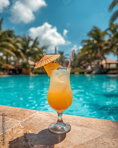 Refreshing tropical cocktail with a pineapple garnish by a sunny resort swimming pool