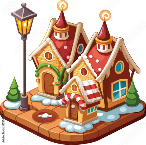 Christmas Gingerbread Villages cozy gingerbread home with red trim and snowy details