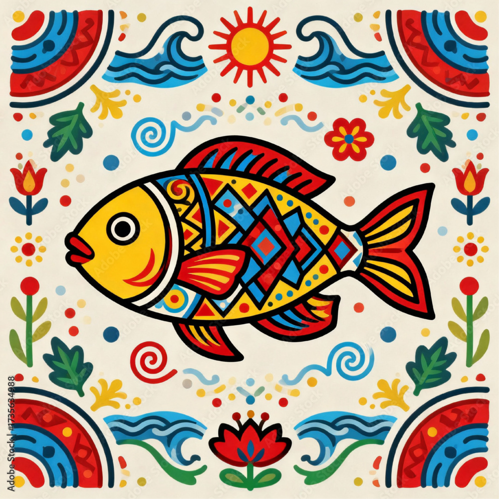 Fototapeta premium Traditional Fish Folk Art Vector