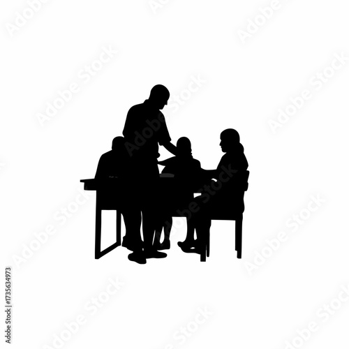 Silhouette of a literacy class in a village courtyard isolated on white background