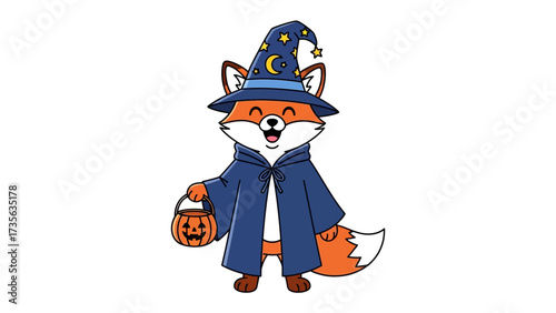 Halloween Fox in Costume: An adorable fox, adorned in a wizard's costume, radiates playful excitement as it readies for a night of treats and trick-or-treating fun.