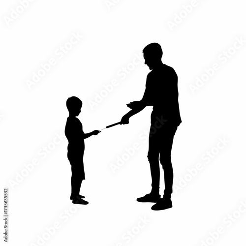 Silhouette of literacy trainer distributing pencils to eager learners isolated on white background