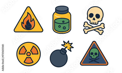 Colorful hazard warning icons: toxic, flammable, and radioactive symbols with bold lines
