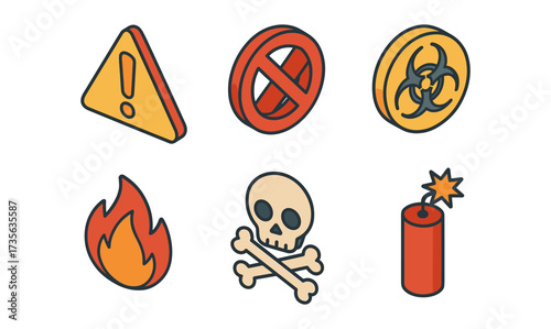 Colorful warning signs icons set: fire, skull, explosion, danger symbols