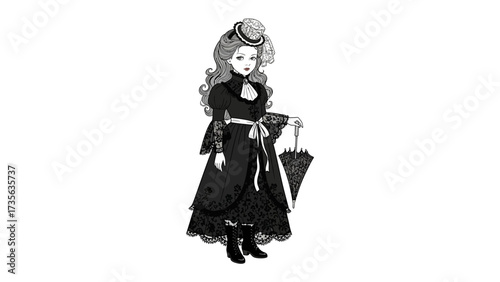 Elegant Victorian Doll: A monochrome illustration of a vintage doll dressed in a classic Victorian gown, showcasing the delicate beauty of a bygone era.