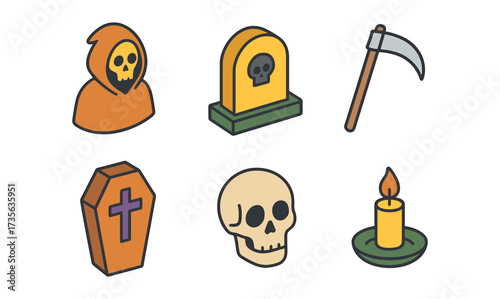 Colorful halloween icons: skull, grim reaper, grave, coffin, scythe, candle