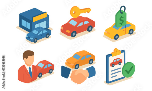 Isometric car dealership concept with cars, keys, tags, and contracts