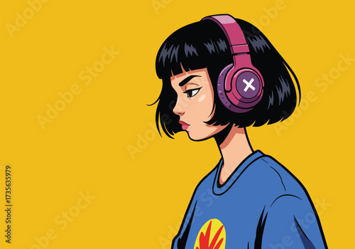 A cartoon woman with short black hair wearing headphones, looking sideways against a yellow background.