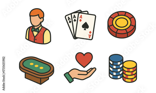 Colorful casino icons: dealer, cards, chips, and roulette in flat style
