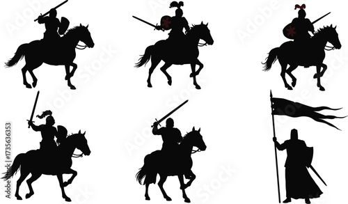 Medieval knight silhouettes, horse warriors, sword raised, battle pose, flag bearer, crusader armor, historic warriors, black vector, epic combat scene