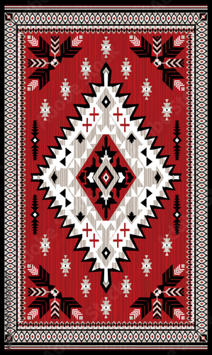 Ganado navajo rug traditional native american tribal pattern.Diamond central border fret geometric red,black,white,grey colors.Ethnic classic carpet Gando Arizona,Aztec,Southwest vector illustration.