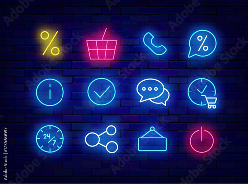 E-commerce neon icons collection. Discount, share sign and percent. Online shopping. Vector stock illustration