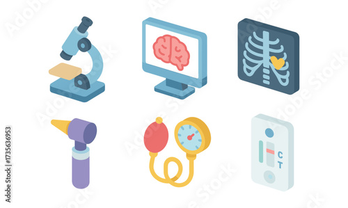 Isometric medical equipment icons featuring microscope, brain scan, and x-ray