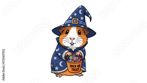 Wizard Guinea Pig: A whimsical illustration of a guinea pig dressed as a wizard, complete with a pointed hat and cloak, carrying a trick or treat bucket, a playful and enchanting character concept.
