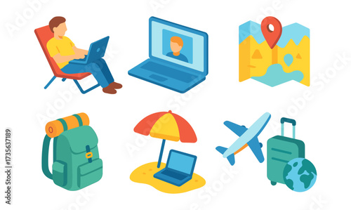 Isometric travel and remote work icons set with laptop, map, backpack, and more