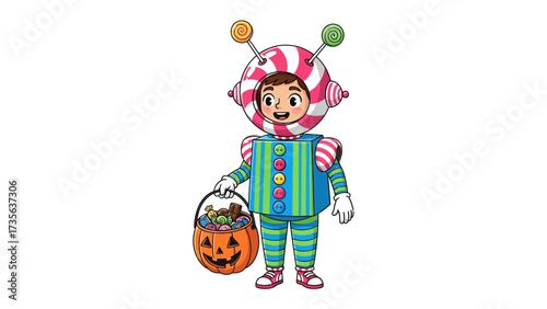 Candy Astronaut: A child in a candy-themed astronaut costume holds a pumpkin basket filled with treats, a joyful image for Halloween. 
