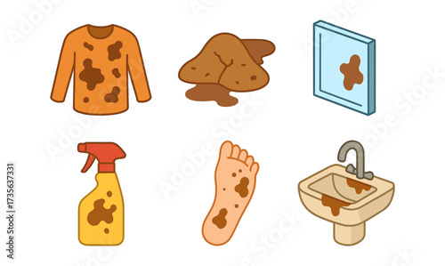 Mud stains concept: cleaning challenges in everyday life with muddy objects and surfaces