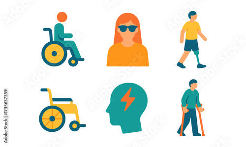 Flat design symbols: disability, accessibility, and mobility concepts